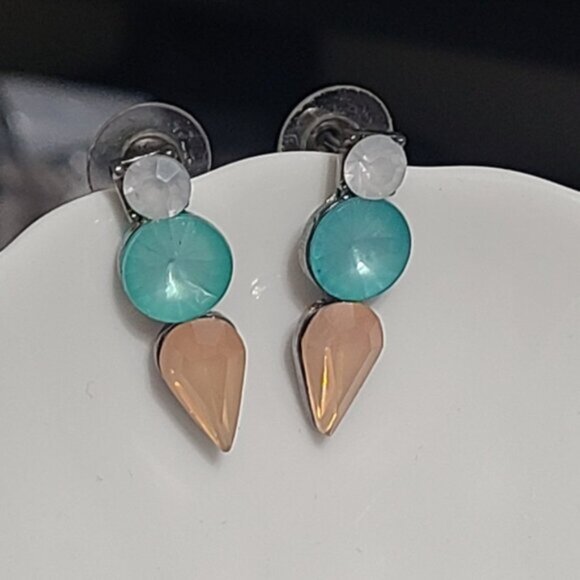 Vintage J Crew Turquoise Orange Crystal Drop Bar Colourblock Geometic Earrings - Picture 10 of 16